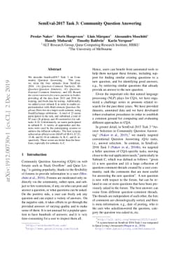 SemEval-2017 Task 3: Community Question Answering