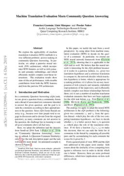 Machine Translation Evaluation Meets Community Question Answering