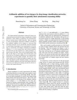 Arithmetic addition of two integers by deep image classification
  networks: experiments to quantify their autonomous reasoning ability