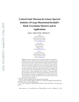 Central Limit Theorem for Linear Spectral Statistics of Large
  Dimensional Kendall's Rank Correlation Matrices and its Applications