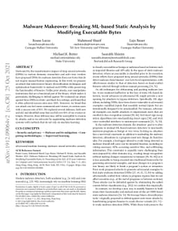 Malware Makeover: Breaking ML-based Static Analysis by Modifying
  Executable Bytes