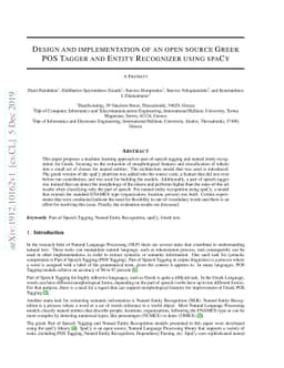 Design and implementation of an open source Greek POS Tagger and Entity
  Recognizer using spaCy