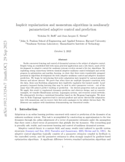 Implicit Regularization and Momentum Algorithms in Nonlinearly
  Parameterized Adaptive Control and Prediction