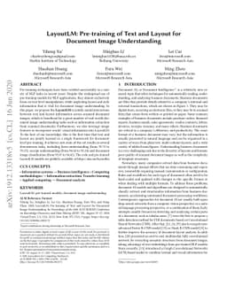 LayoutLM: Pre-training of Text and Layout for Document Image
  Understanding
