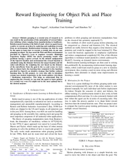 Reward Engineering for Object Pick and Place Training