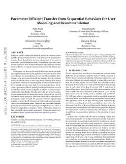Parameter-Efficient Transfer from Sequential Behaviors for User Modeling
  and Recommendation