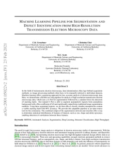 Machine Learning Pipeline for Segmentation and Defect Identification
  from High Resolution Transmission Electron Microscopy Data