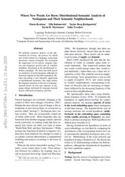 Where New Words Are Born: Distributional Semantic Analysis of Neologisms
  and Their Semantic Neighborhoods