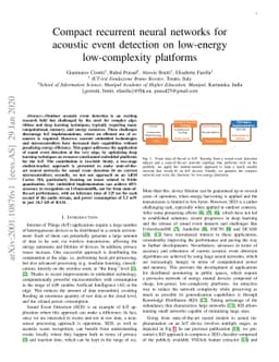 Compact recurrent neural networks for acoustic event detection on
  low-energy low-complexity platforms