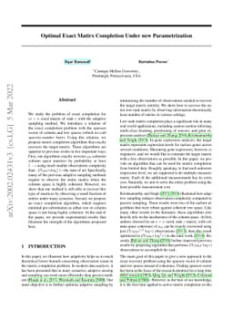 Optimal Exact Matrix Completion Under new Parametrization