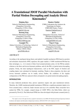 A Translational Three-Degrees-of-Freedom Parallel Mechanism With Partial
  Motion Decoupling and Analytic Direct Kinematics