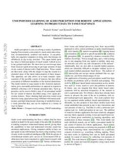 Unsupervised Learning of Audio Perception for Robotics Applications:
  Learning to Project Data to T-SNE/UMAP space
