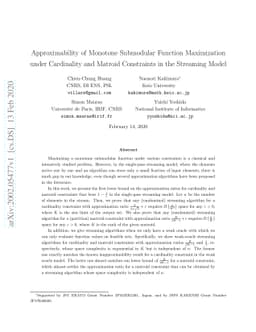 Approximability of Monotone Submodular Function Maximization under
  Cardinality and Matroid Constraints in the Streaming Model