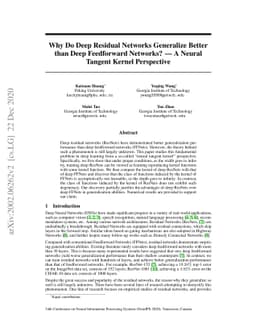 Why Do Deep Residual Networks Generalize Better than Deep Feedforward
  Networks? -- A Neural Tangent Kernel Perspective