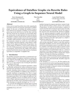 Equivalence of Dataflow Graphs via Rewrite Rules Using a
  Graph-to-Sequence Neural Model