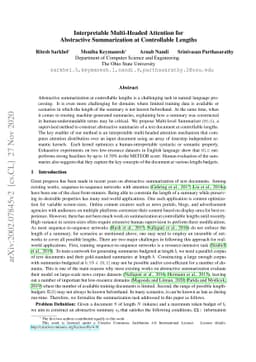 Interpretable Multi-Headed Attention for Abstractive Summarization at
  Controllable Lengths
