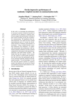 On the impressive performance of randomly weighted encoders in
  summarization tasks