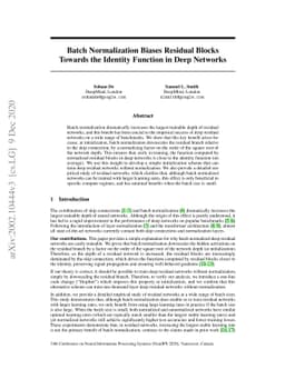 Batch Normalization Biases Residual Blocks Towards the Identity Function
  in Deep Networks