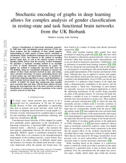 Stochastic encoding of graphs in deep learning allows for complex
  analysis of gender classification in resting-state and task functional brain
  networks from the UK Biobank