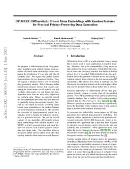 DP-MERF: Differentially Private Mean Embeddings with Random Features for
  Practical Privacy-Preserving Data Generation