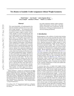 Two Routes to Scalable Credit Assignment without Weight Symmetry