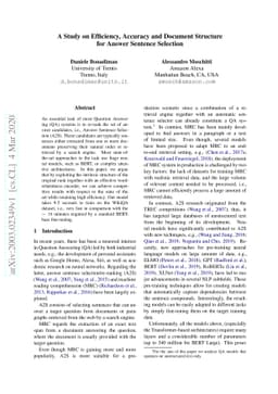 A Study on Efficiency, Accuracy and Document Structure for Answer
  Sentence Selection