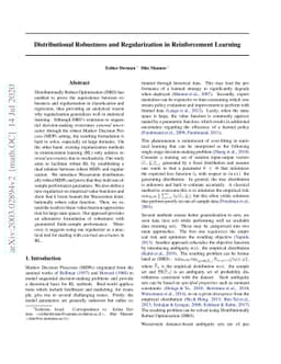 Distributional Robustness and Regularization in Reinforcement Learning