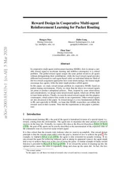Reward Design in Cooperative Multi-agent Reinforcement Learning for
  Packet Routing