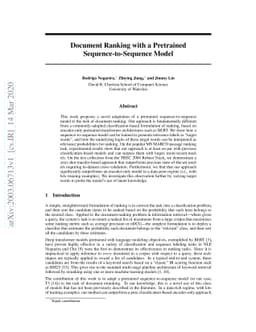 Document Ranking with a Pretrained Sequence-to-Sequence Model