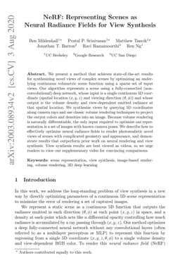 NeRF: Representing Scenes as Neural Radiance Fields for View Synthesis