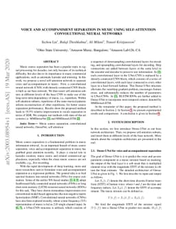 Voice and accompaniment separation in music using self-attention
  convolutional neural network