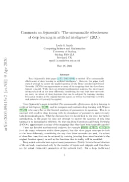 Comments on Sejnowski's "The unreasonable effectiveness of deep learning
  in artificial intelligence" [arXiv:2002.04806]