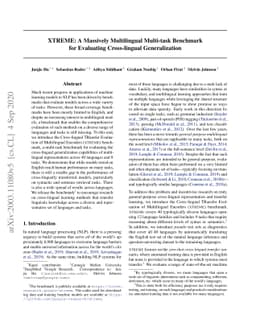 XTREME: A Massively Multilingual Multi-task Benchmark for Evaluating
  Cross-lingual Generalization