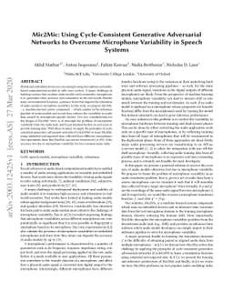 Mic2Mic: Using Cycle-Consistent Generative Adversarial Networks to
  Overcome Microphone Variability in Speech Systems