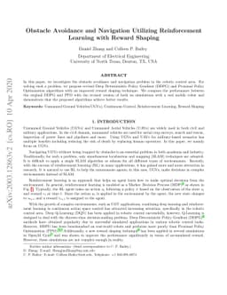 Obstacle Avoidance and Navigation Utilizing Reinforcement Learning with
  Reward Shaping