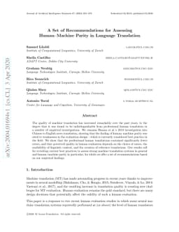 A Set of Recommendations for Assessing Human-Machine Parity in Language
  Translation