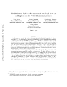 The Bethe and Sinkhorn Permanents of Low Rank Matrices and Implications
  for Profile Maximum Likelihood
