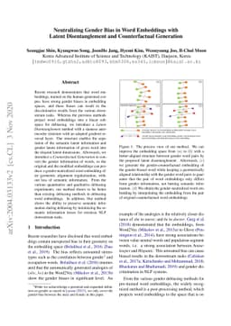 Neutralizing Gender Bias in Word Embedding with Latent Disentanglement
  and Counterfactual Generation