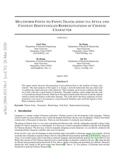 Multiform Fonts-to-Fonts Translation via Style and Content Disentangled
  Representations of Chinese Character