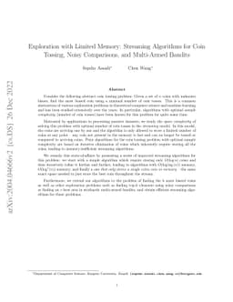 Exploration with Limited Memory: Streaming Algorithms for Coin Tossing,
  Noisy Comparisons, and Multi-Armed Bandits