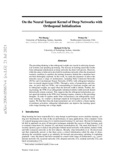 On the Neural Tangent Kernel of Deep Networks with Orthogonal
  Initialization