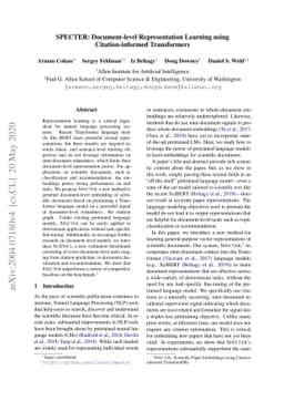 SPECTER: Document-level Representation Learning using Citation-informed
  Transformers