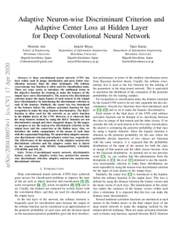 Adaptive Neuron-wise Discriminant Criterion and Adaptive Center Loss at
  Hidden Layer for Deep Convolutional Neural Network
