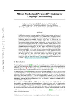 MPNet: Masked and Permuted Pre-training for Language Understanding
