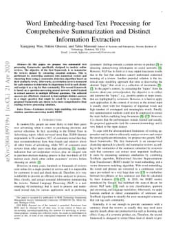Word Embedding-based Text Processing for Comprehensive Summarization and
  Distinct Information Extraction