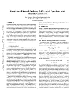 Constrained Neural Ordinary Differential Equations with Stability
  Guarantees