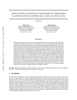 Applications of shapelet transform to time series classification of
  earthquake, wind and wave data