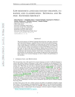 Low resource language dataset creation, curation and classification:
  Setswana and Sepedi -- Extended Abstract