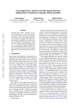 Cross-lingual Zero- and Few-shot Hate Speech Detection Utilising Frozen
  Transformer Language Models and AXEL