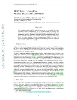 BERT Fine-tuning For Arabic Text Summarization